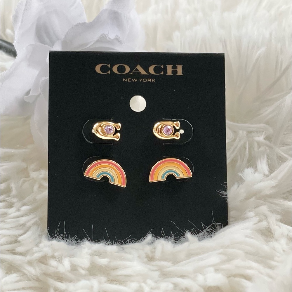 NWT COACH Rainbow EARRINGS STUD SET. Plated Brass, Enamel & Glass .Titanium post